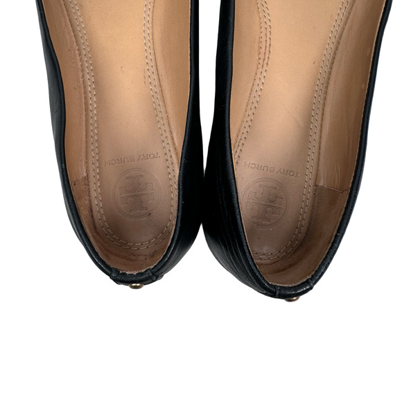 Tory Burch Everly Ballet Flats Women’s 7.5 Black Leather Gold Logo Slip-On Shoes - Picture 6 of 10